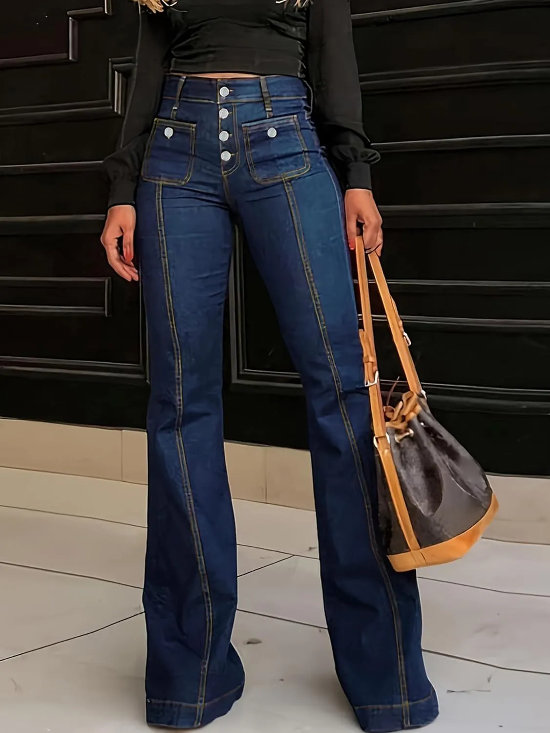 Women Womens Flare Jeans High Waisted Wide Leg Bell Bottom Jeans Loose Baggy Jeans Denim Pants