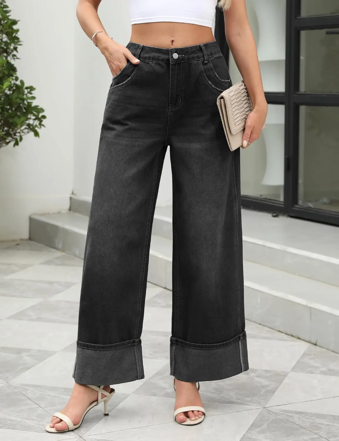 Women Womens Flare Jeans High Waisted Wide Leg Bell Bottom Jeans Loose Baggy Jeans Denim Pants