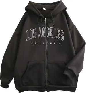 Women Zip up Hoodie Y2k Letter Print Graphic Oversized Hooded Sweatshirt Fall Drawstring Jacket Coats