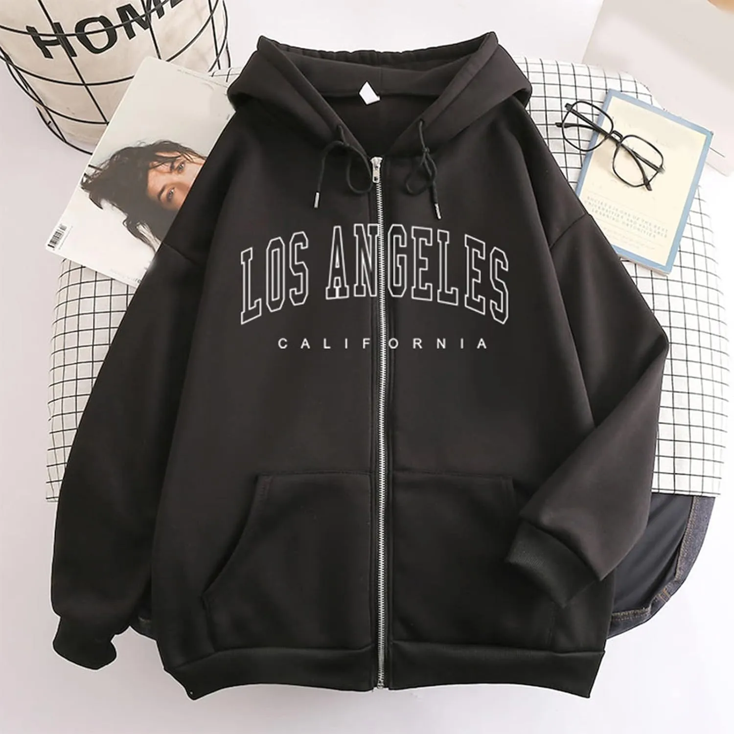 Women Zip up Hoodie Y2k Letter Print Graphic Oversized Hooded Sweatshirt Fall Drawstring Jacket Coats