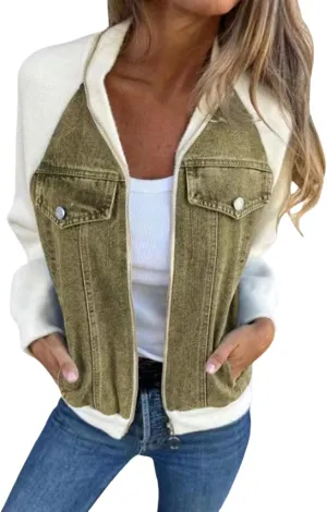 Womens Bomber Jacket Cropped Denim Jacket Zip Up Patchwork Varsity Baseball Jean Jackets Coat Fall Outfits with Pocket
