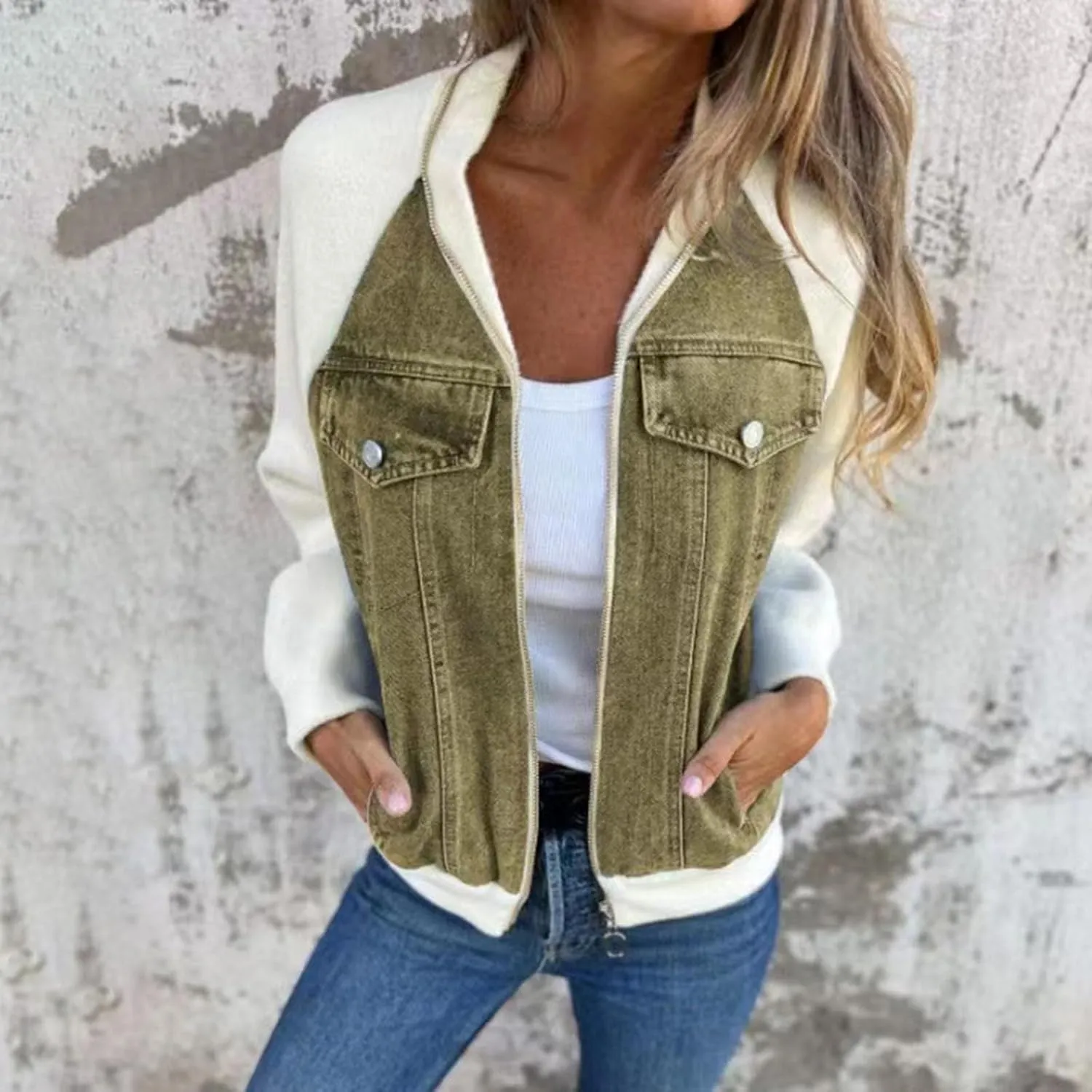Womens Bomber Jacket Cropped Denim Jacket Zip Up Patchwork Varsity Baseball Jean Jackets Coat Fall Outfits with Pocket