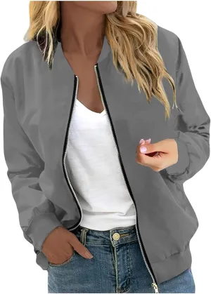 Women's Bomber Jacket Trendy Zip Up Lightweight Windbreaker Jacket Casual Fall Jackets for Women with Pocket