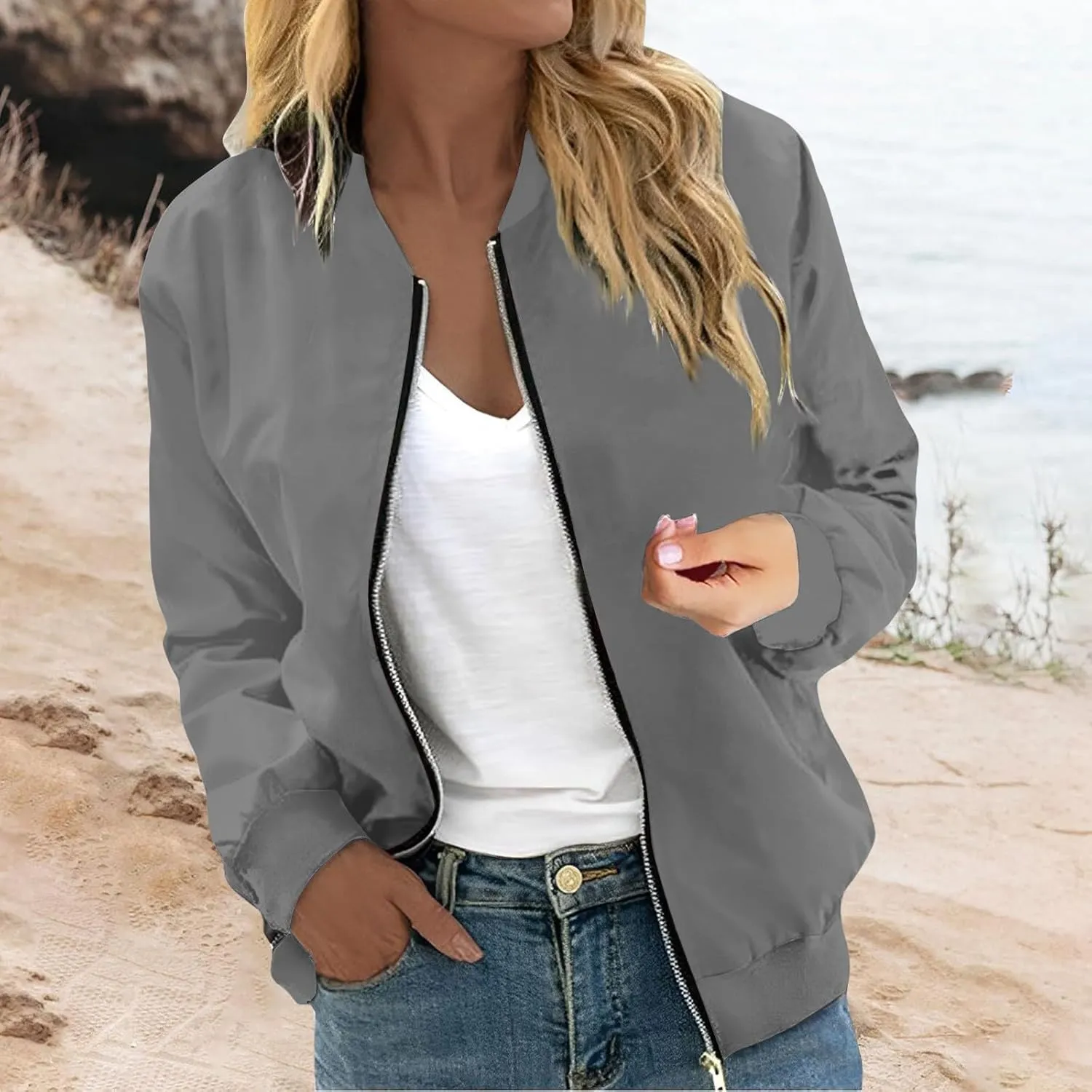 Women's Bomber Jacket Trendy Zip Up Lightweight Windbreaker Jacket Casual Fall Jackets for Women with Pocket