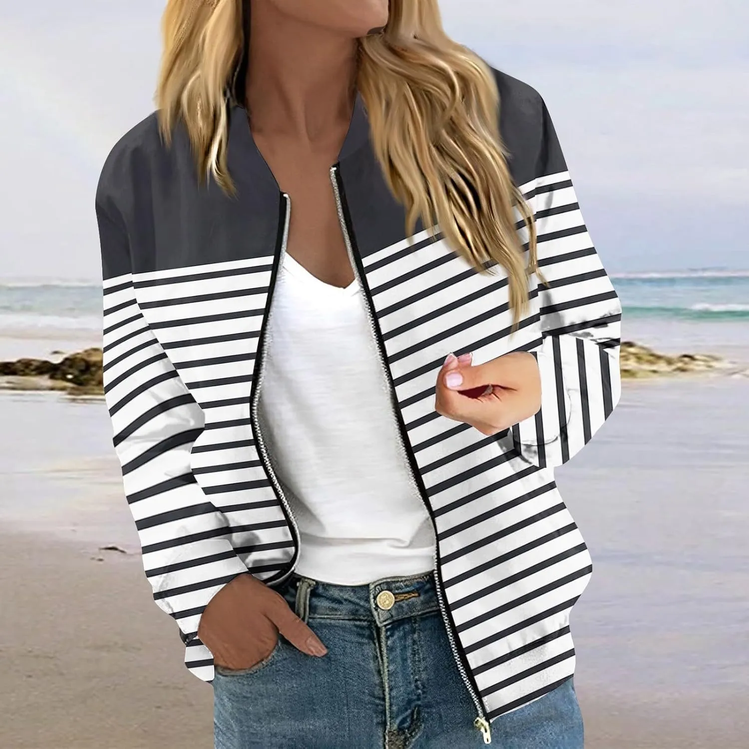 Women'S Bomber Jackets Lightweight Floral Printing Zip Up Long Sleeve Jacket With Pocket Fall Stand Collar Coat