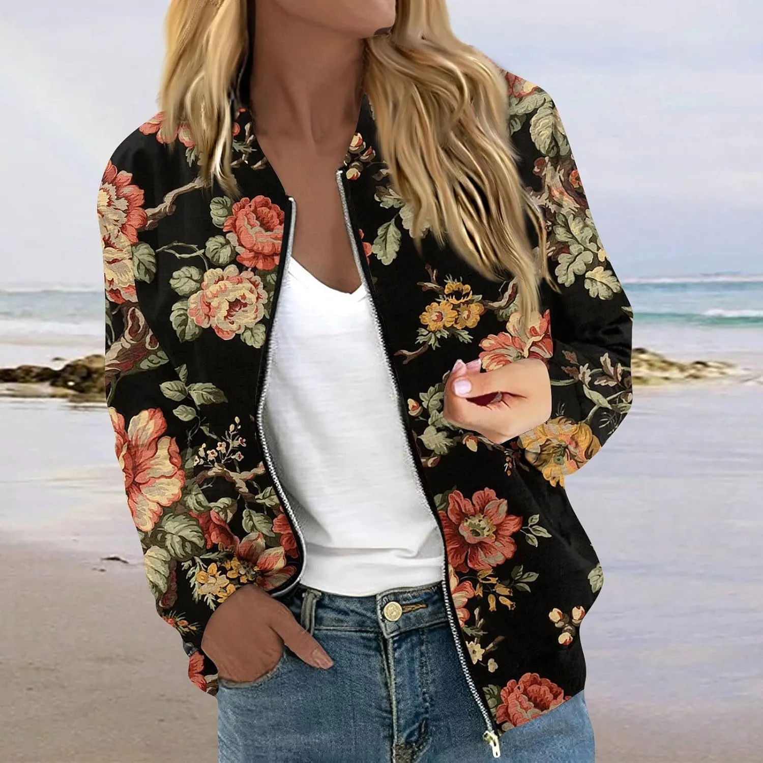 Women'S Bomber Jackets Lightweight Floral Printing Zip Up Long Sleeve Jacket With Pocket Fall Stand Collar Coat
