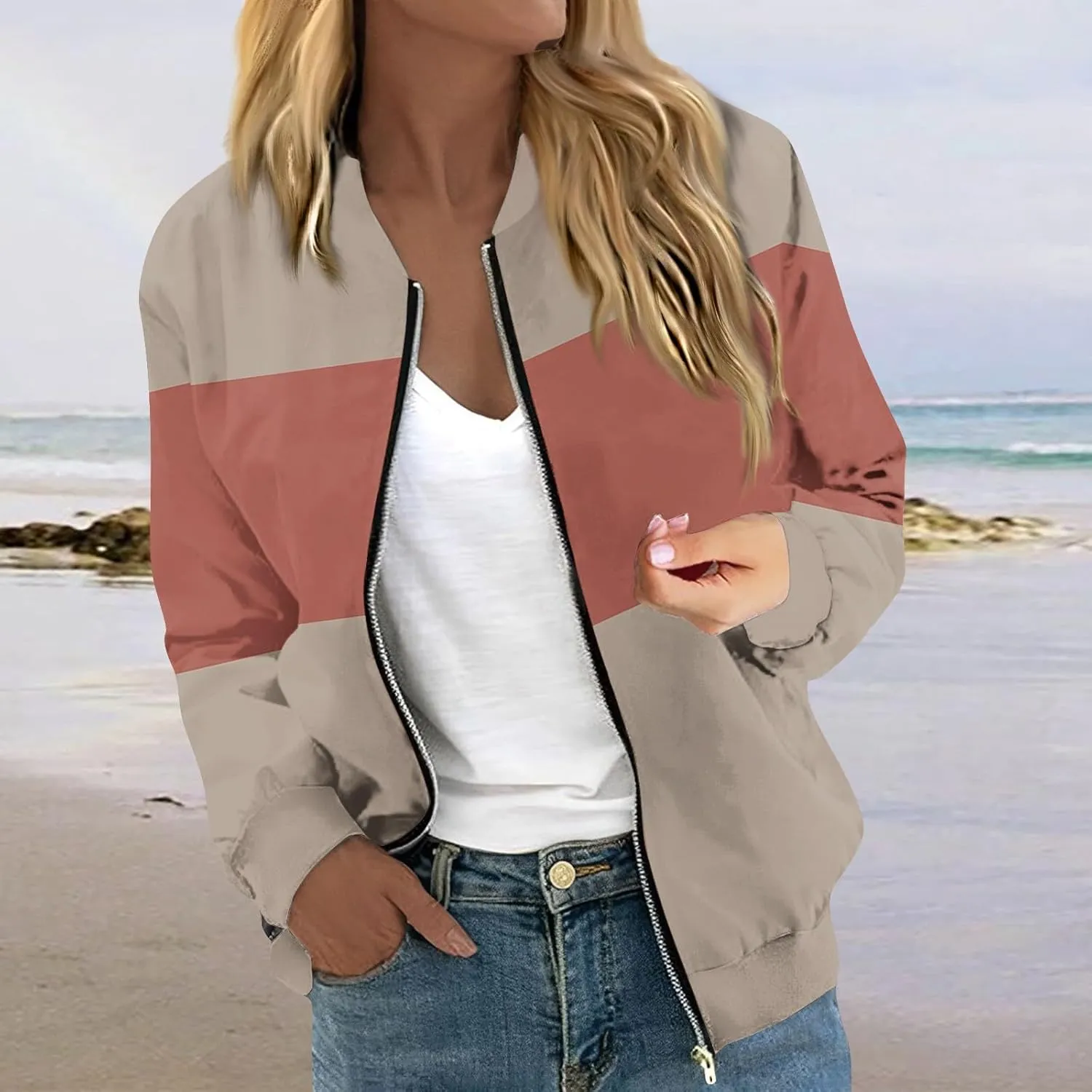 Women'S Bomber Jackets Lightweight Floral Printing Zip Up Long Sleeve Jacket With Pocket Fall Stand Collar Coat