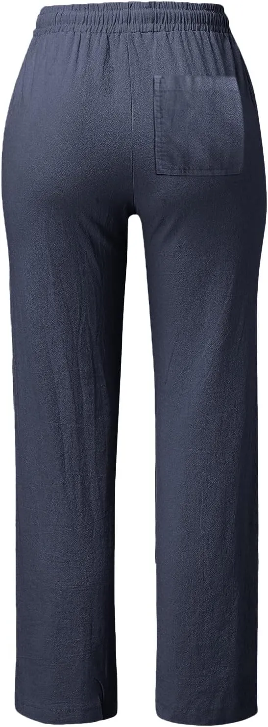 Womens Casual Cotton Linen Pants Drawstring Loose Summer Trousers Straight Leg Comfy Lounge Long Trousers with Pocket