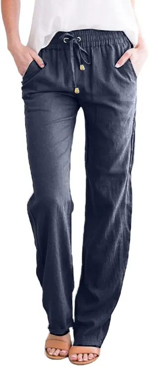 Womens Casual Cotton Linen Pants Drawstring Loose Summer Trousers Straight Leg Comfy Lounge Long Trousers with Pocket