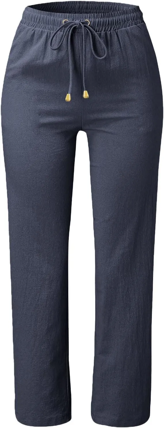Womens Casual Cotton Linen Pants Drawstring Loose Summer Trousers Straight Leg Comfy Lounge Long Trousers with Pocket