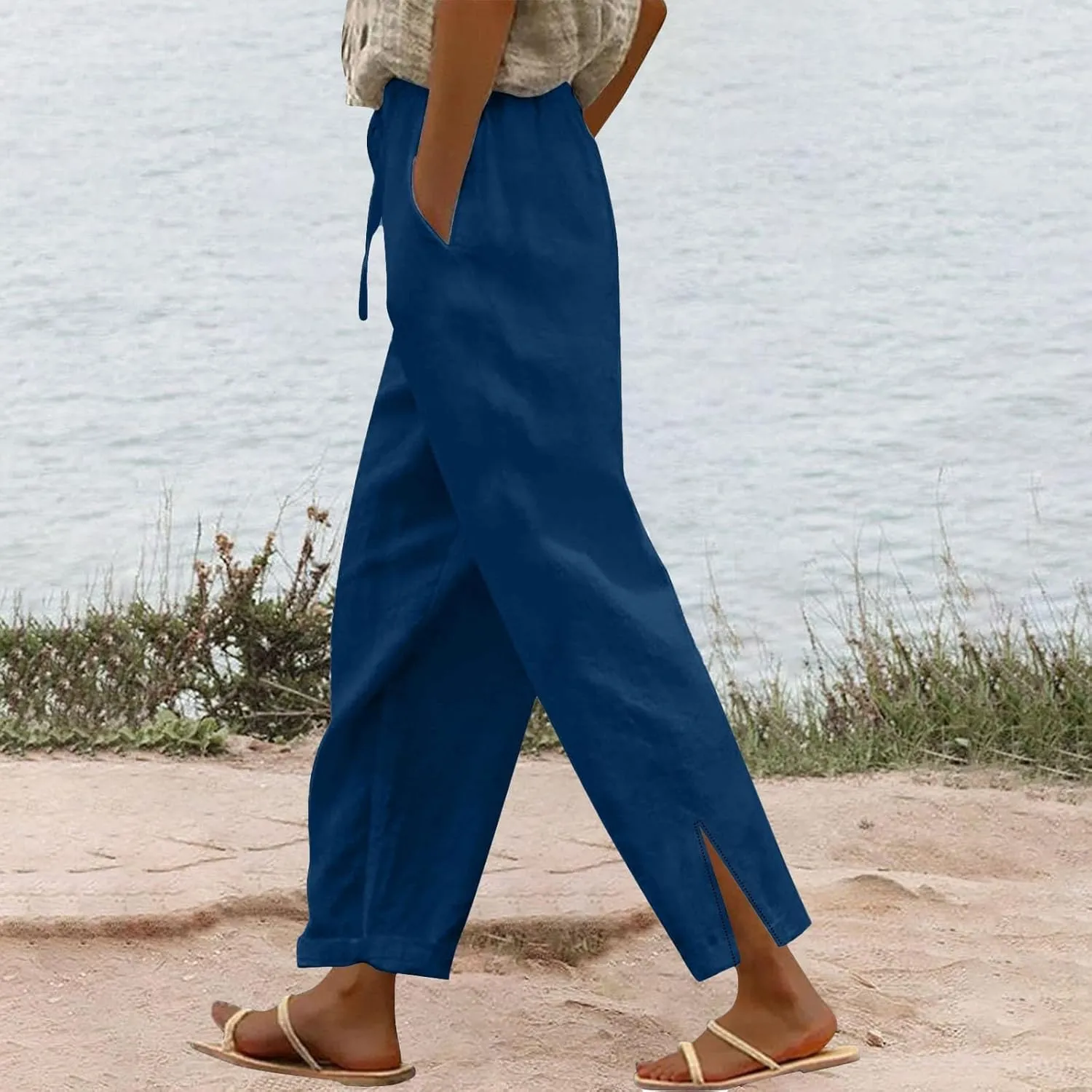 Womens Casual Cotton Linen Pants Lightweight Summer Relax Fit Plus Size Solid Lounge Long Trousers 2025