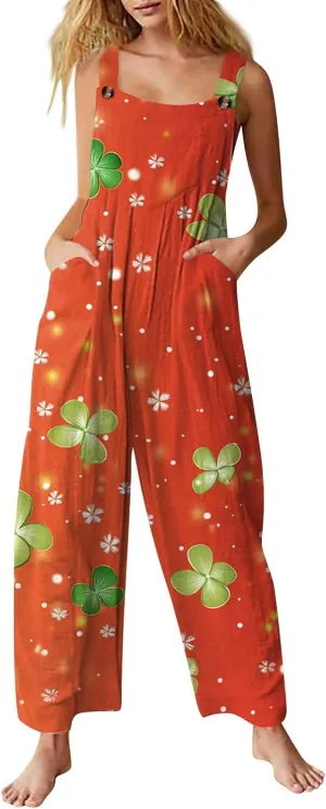 Women's Casual Jumpsuit Sleeveless St. Patrick's Day Printed Cotton Jumpsuit Womens Jumpsuits