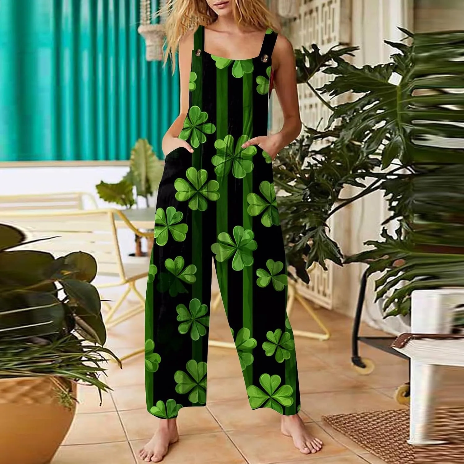 Women's Casual Jumpsuit Sleeveless St. Patrick's Day Printed Cotton Jumpsuit Womens Jumpsuits