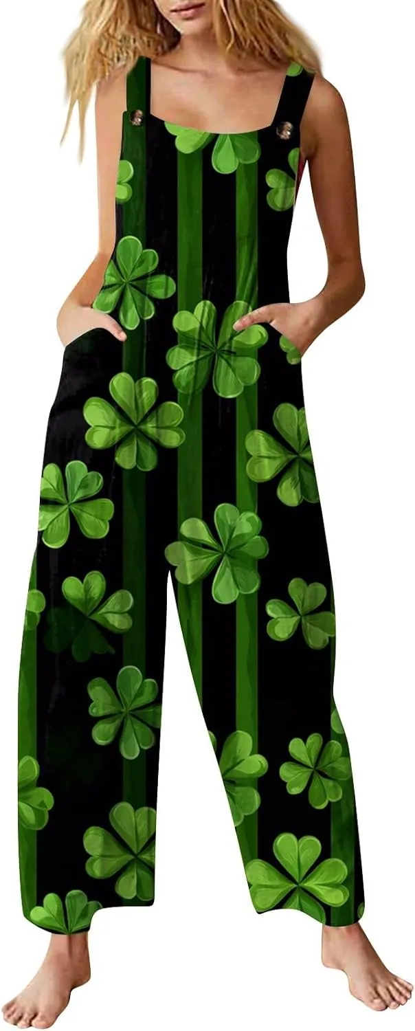 Women's Casual Jumpsuit Sleeveless St. Patrick's Day Printed Cotton Jumpsuit Womens Jumpsuits