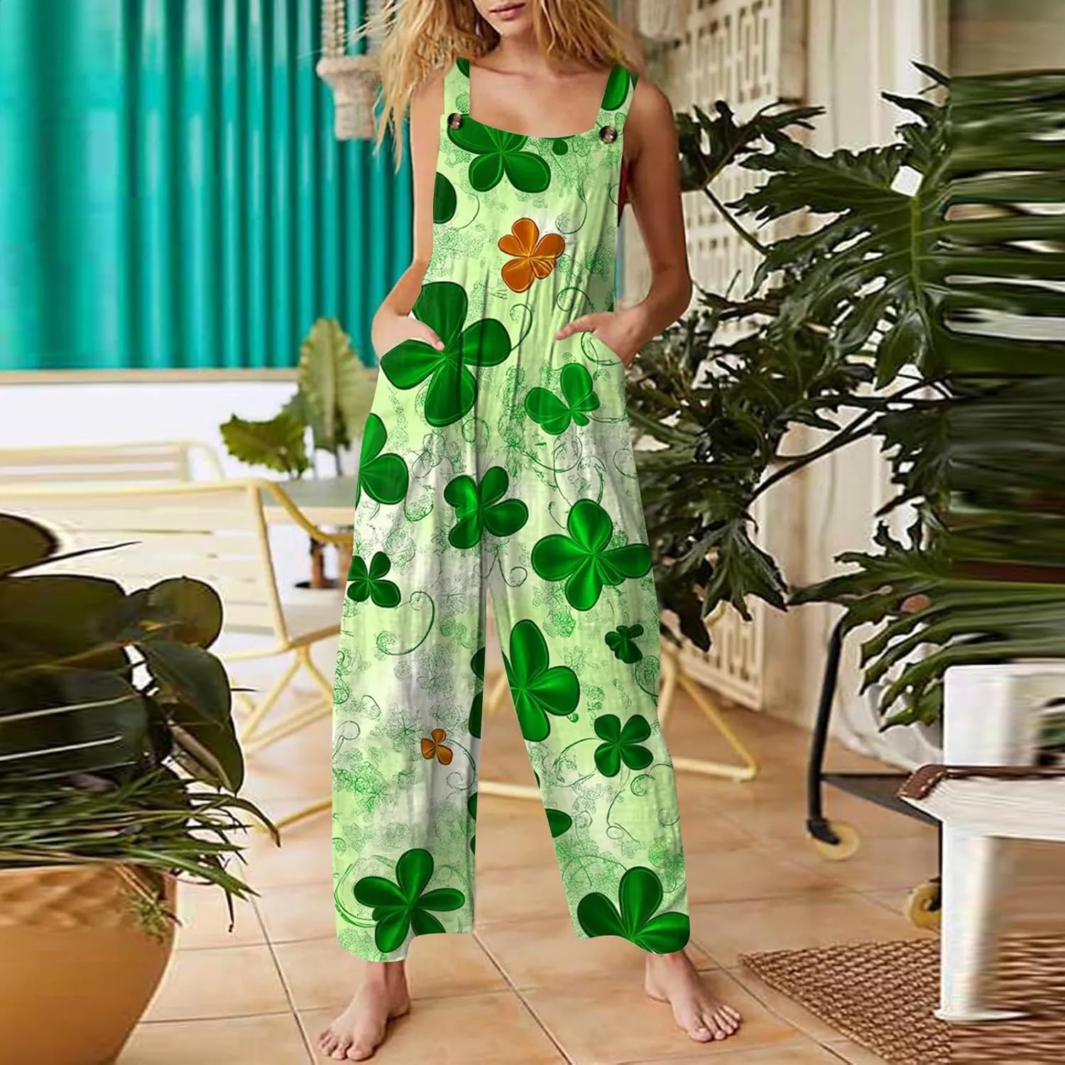 Women's Casual Jumpsuit Sleeveless St. Patrick's Day Printed Cotton Jumpsuit Womens Jumpsuits