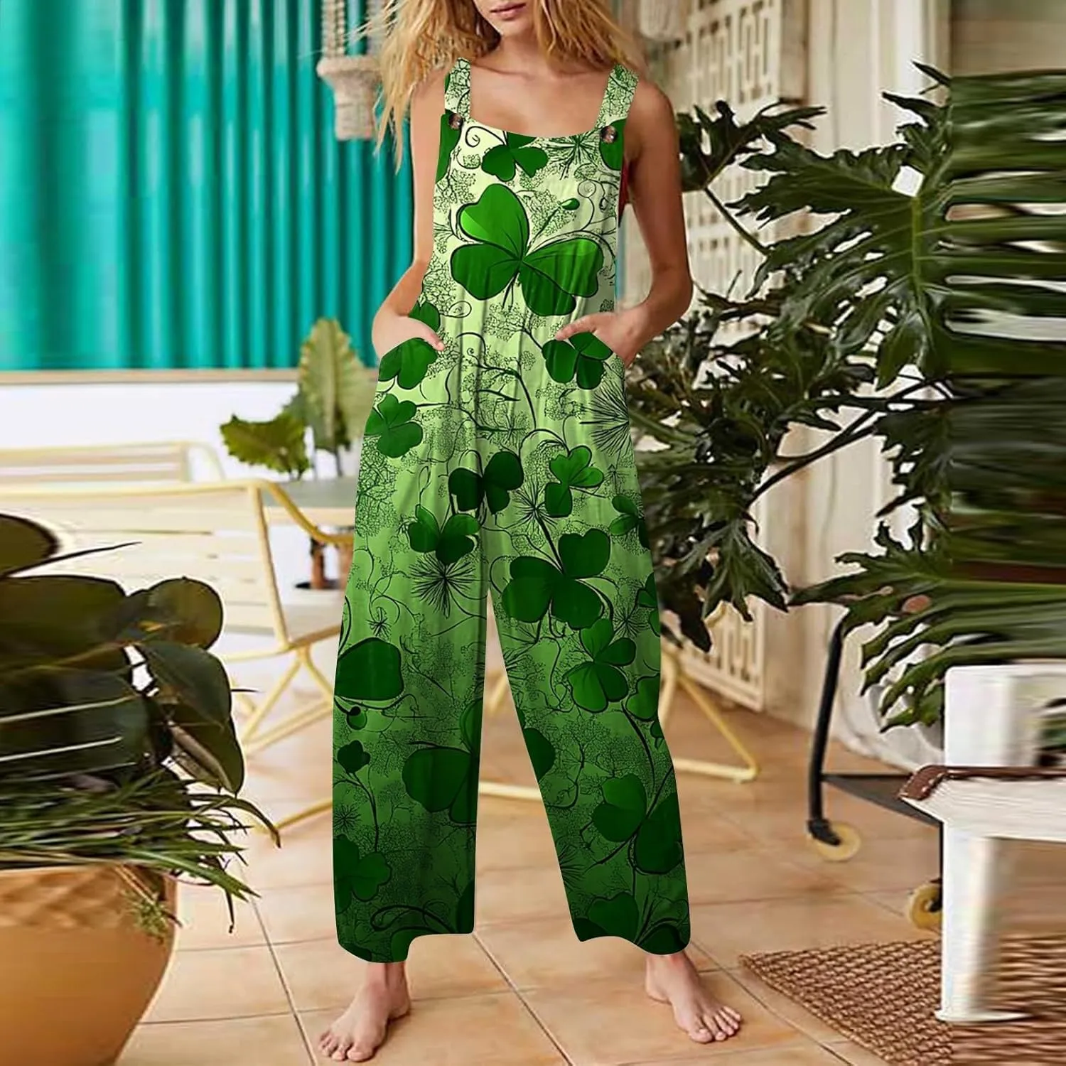 Women's Casual Jumpsuit Sleeveless St. Patrick's Day Printed Cotton Jumpsuit Womens Jumpsuits