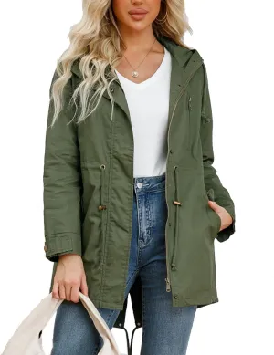 Women's Casual Ligtweight Military Jackets Anorak Utility High Waist Drawstring Zip Up Hood Coat