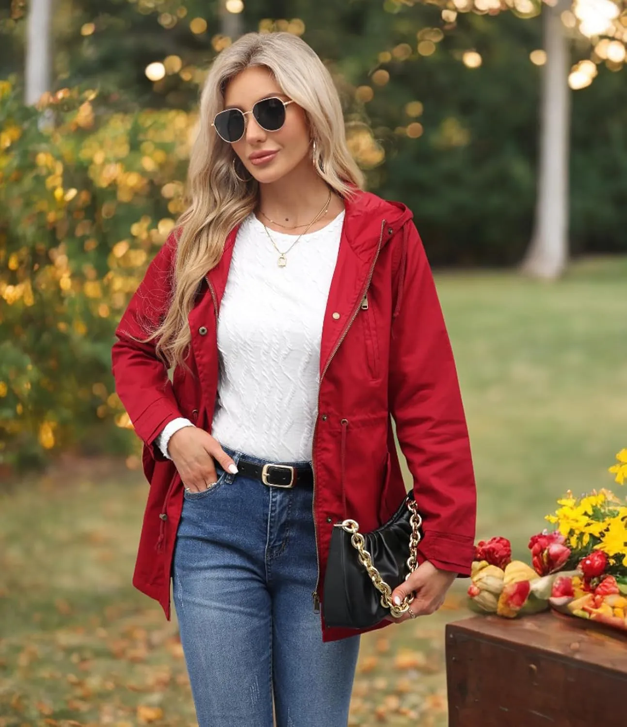 Women's Casual Ligtweight Military Jackets Anorak Utility High Waist Drawstring Zip Up Hood Coat