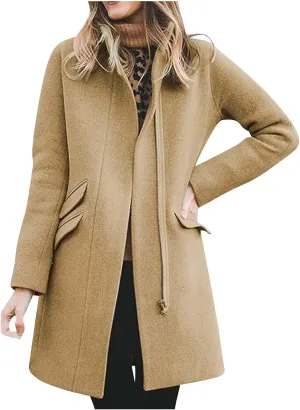 Women's Classic Open Front Casual Jacket Coat, Winter Wool Blend Over Pea Coats Long Sleeve Zip Up Comfy Outerwear