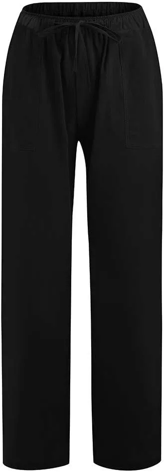 Womens Cotton Linen Palazzo Pants Drawstring Elastic Waist Casual Summer Wide Leg Relax Fit Trousers with Pockets