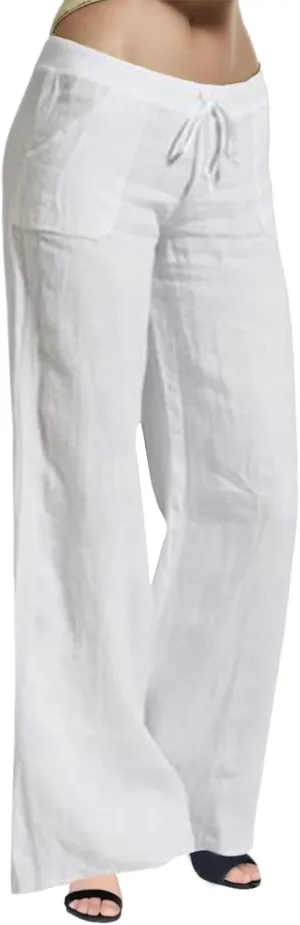 Womens Cotton Linen Palazzo Pants Drawstring Elastic Waist Casual Summer Wide Leg Relax Fit Trousers with Pockets
