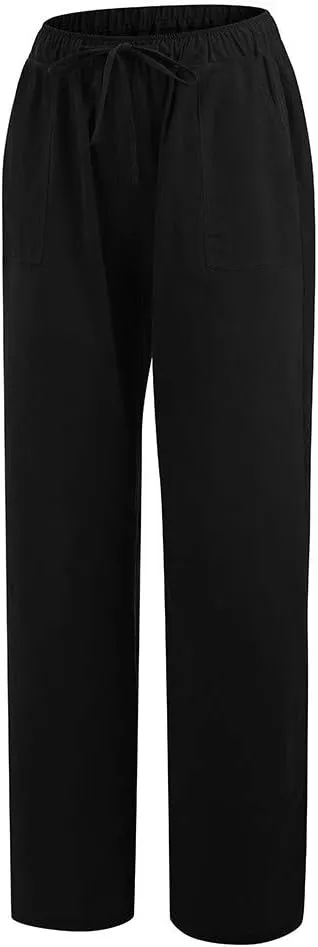 Womens Cotton Linen Palazzo Pants Drawstring Elastic Waist Casual Summer Wide Leg Relax Fit Trousers with Pockets
