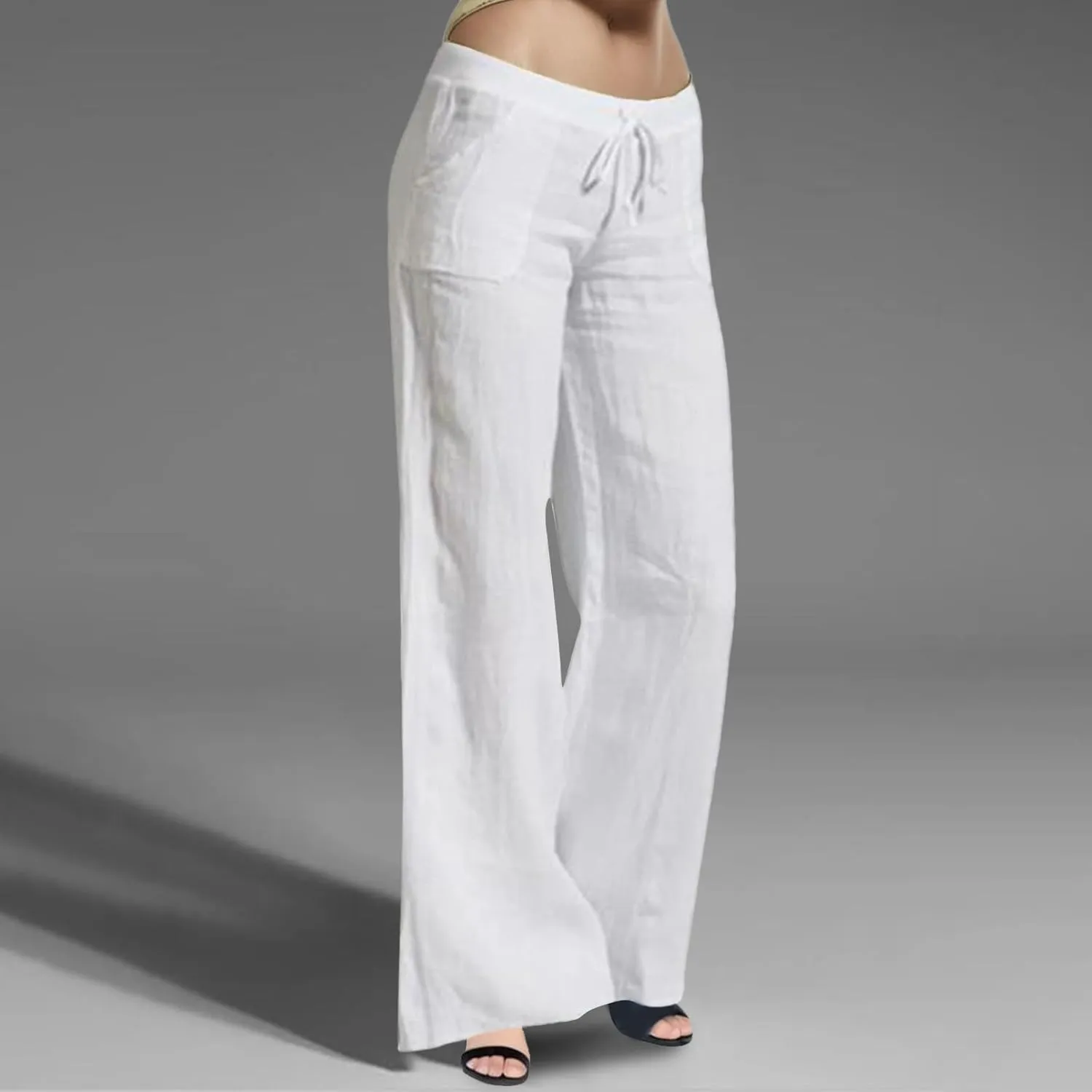 Womens Cotton Linen Palazzo Pants Drawstring Elastic Waist Casual Summer Wide Leg Relax Fit Trousers with Pockets