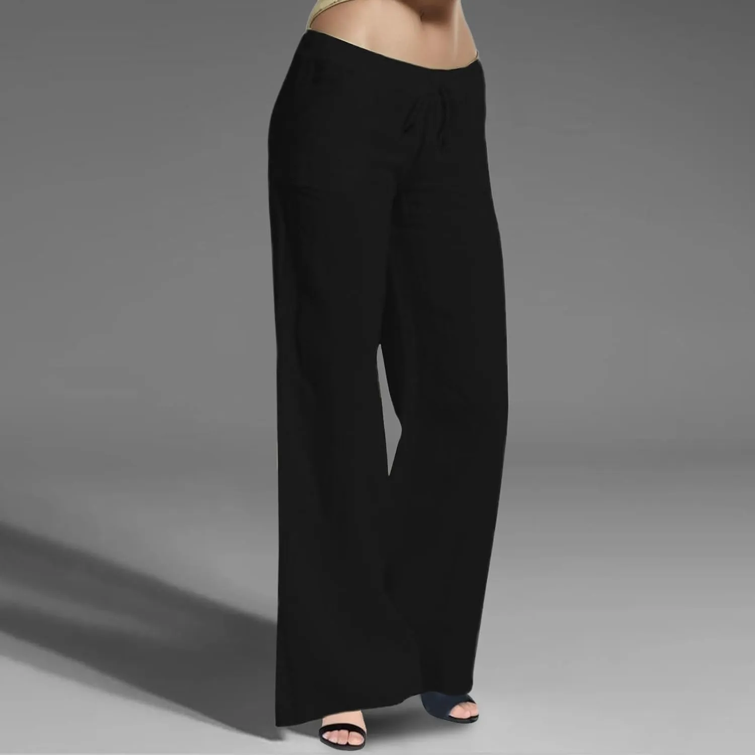 Womens Cotton Linen Palazzo Pants Drawstring Elastic Waist Casual Summer Wide Leg Relax Fit Trousers with Pockets