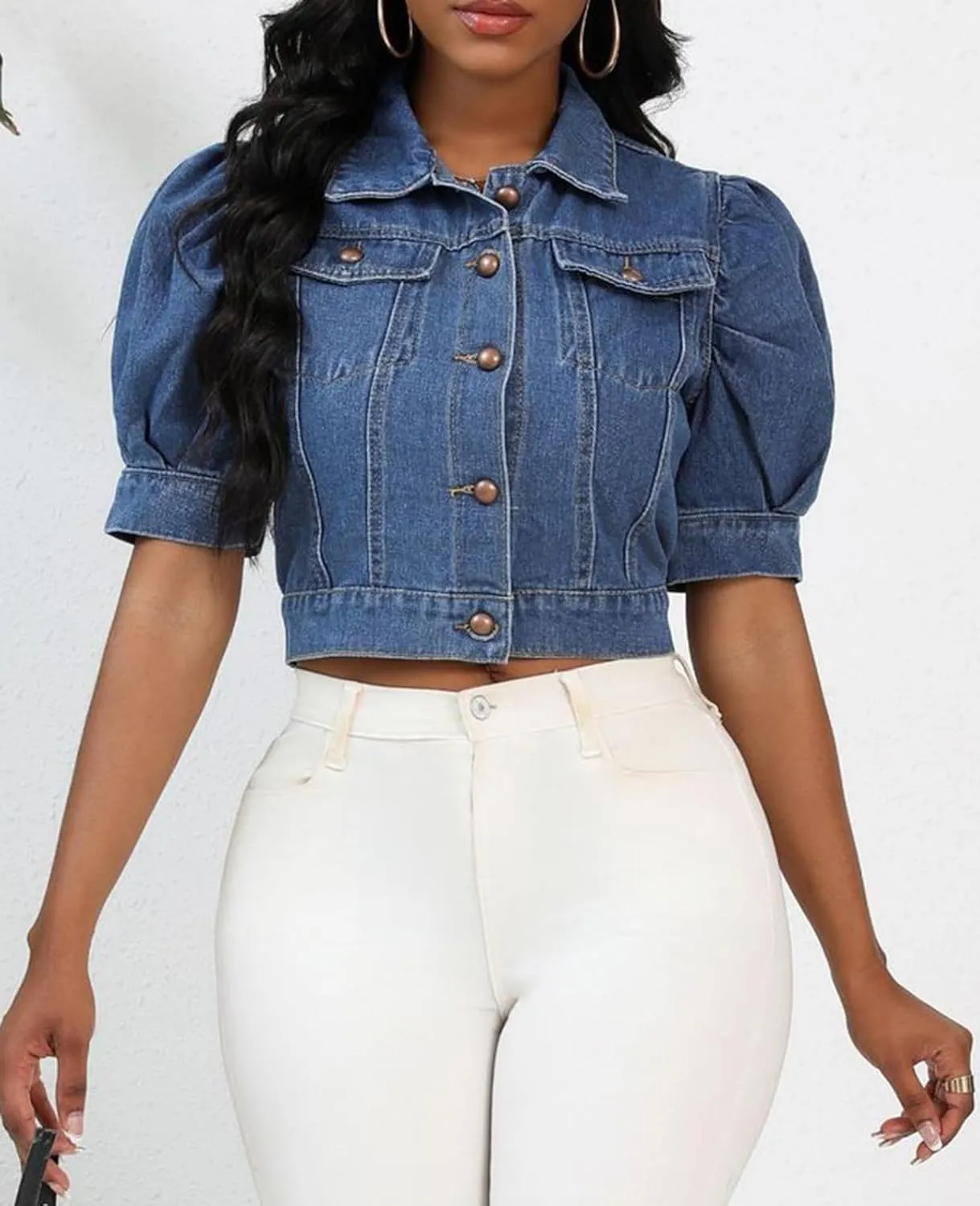 Women's Cropped Denim Jackets Short Sleeve Button Down Casual Jean Jackets