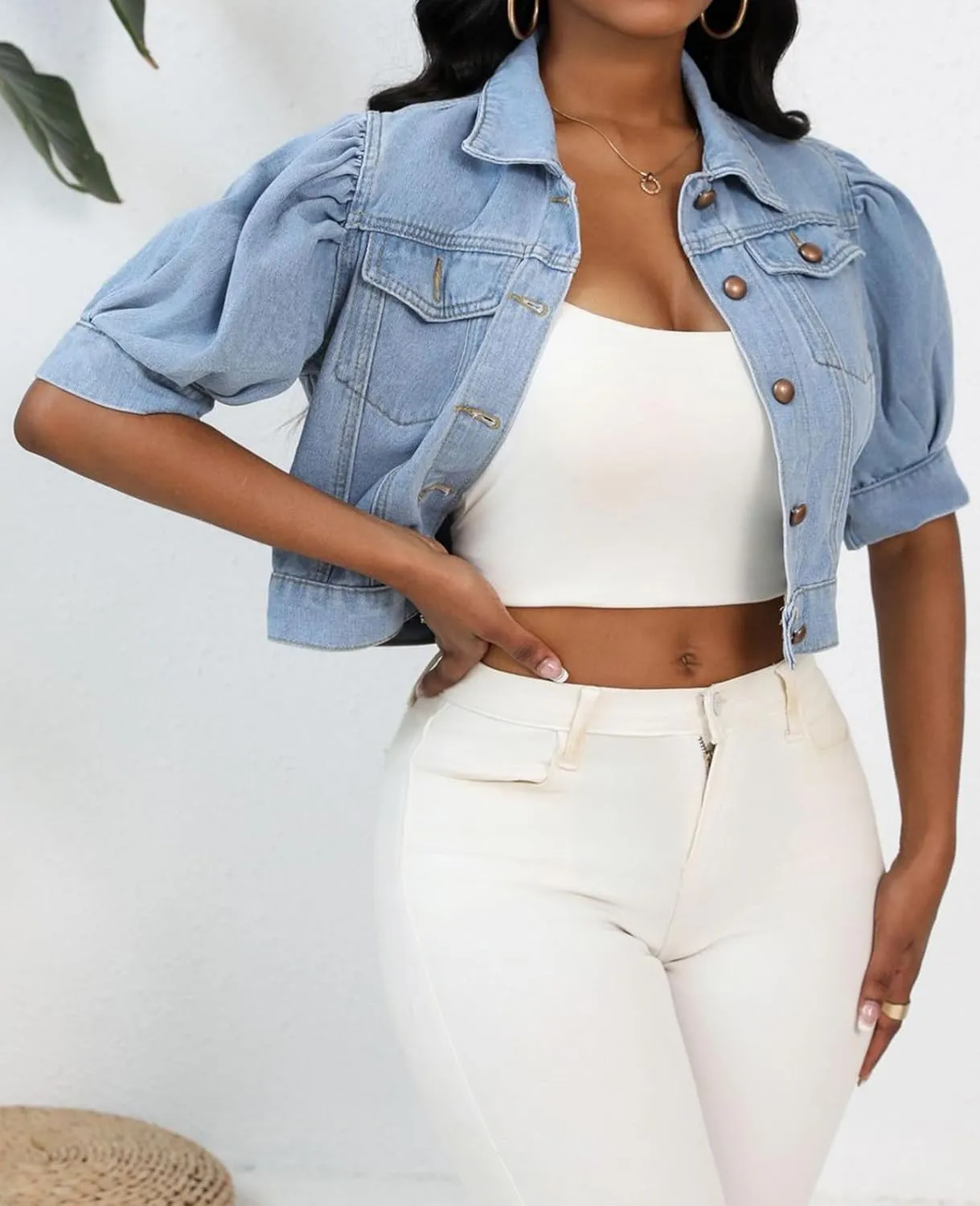 Women's Cropped Denim Jackets Short Sleeve Button Down Casual Jean Jackets