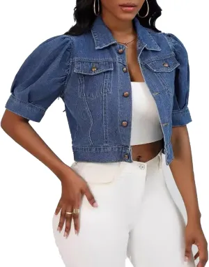 Women's Cropped Denim Jackets Short Sleeve Button Down Casual Jean Jackets