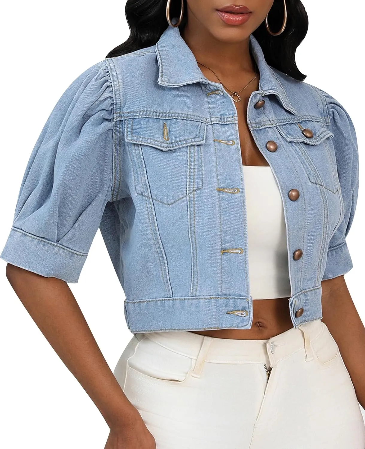Women's Cropped Denim Jackets Short Sleeve Button Down Casual Jean Jackets