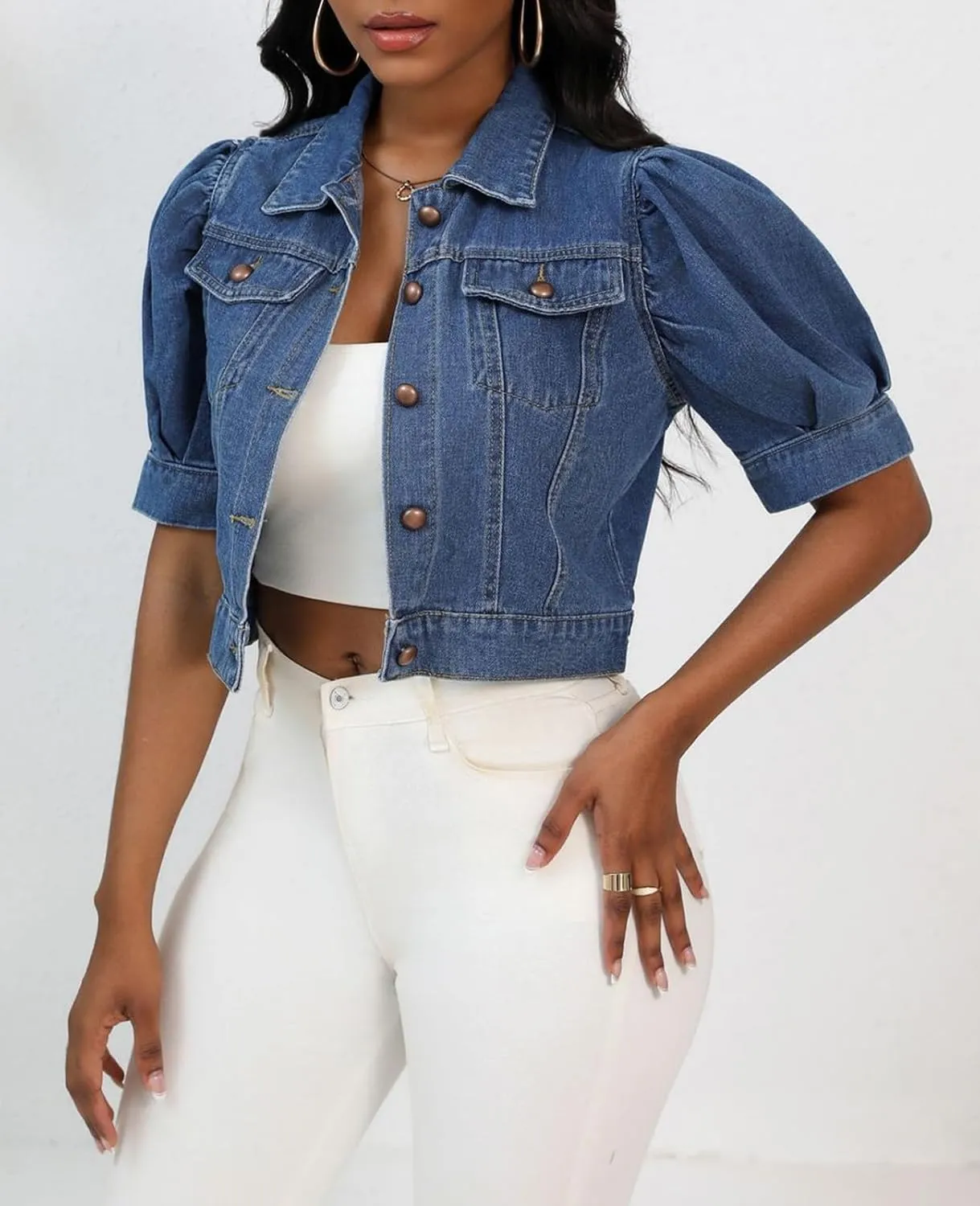 Women's Cropped Denim Jackets Short Sleeve Button Down Casual Jean Jackets