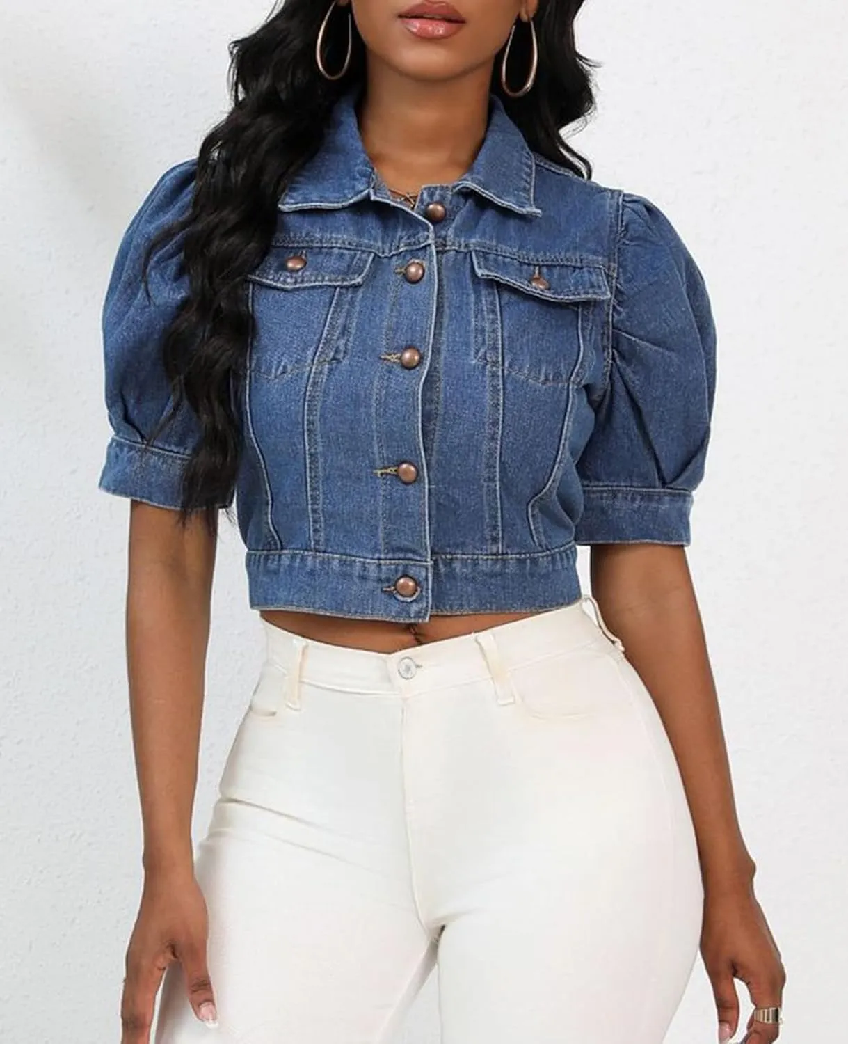 Women's Cropped Denim Jackets Short Sleeve Button Down Casual Jean Jackets