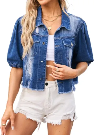 Women's Cropped Denim Jackets Short Sleeve Button Down Casual Jean Jackets