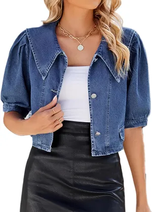 Women's Cropped Denim Jackets Short Sleeve Button Down Casual Jean Jackets
