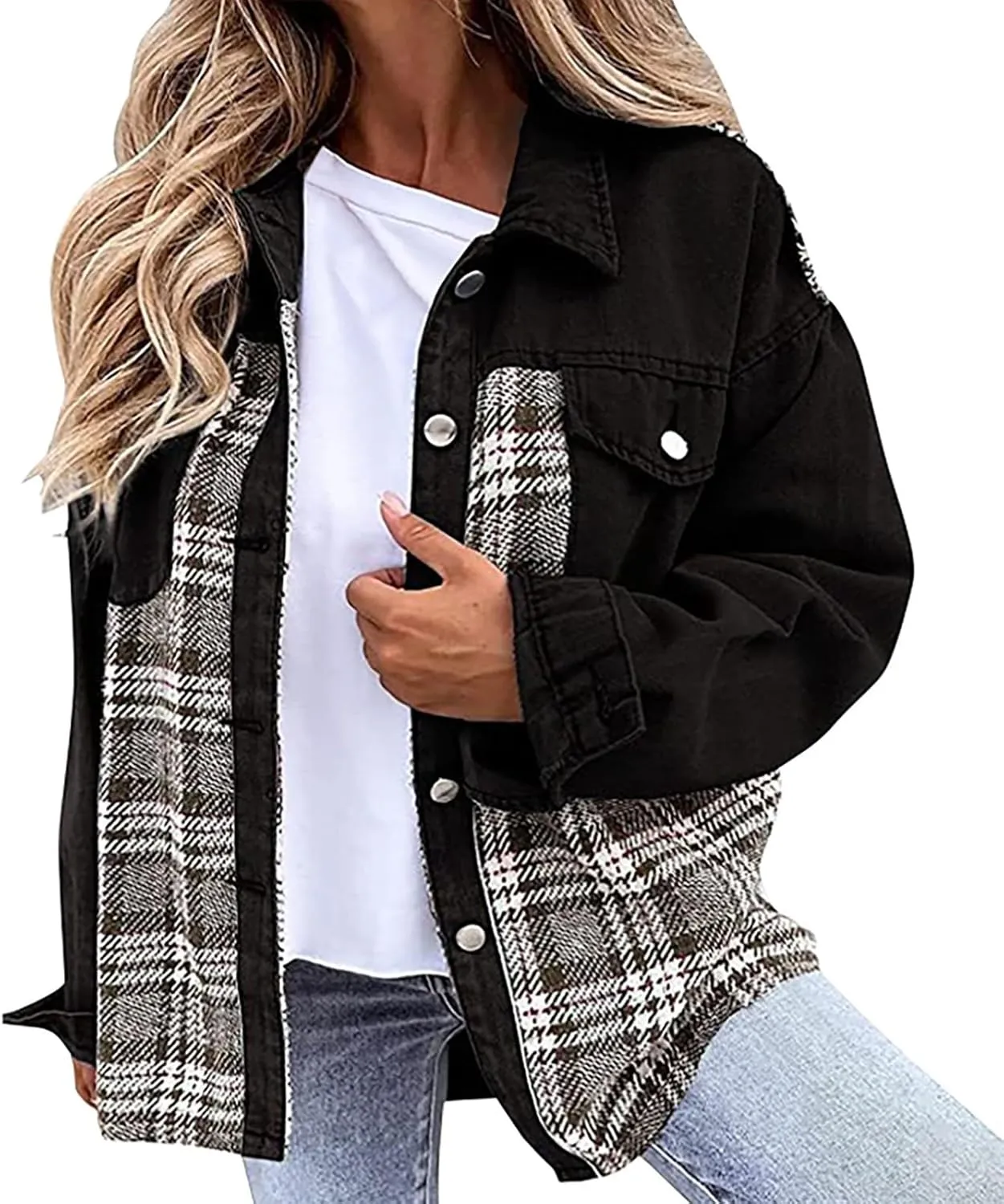 Womens Denim Jacket Plus Size Long Sleeve Lapel Button Down Boyfriend Denim Washed Coat Trucker Denim Jacket