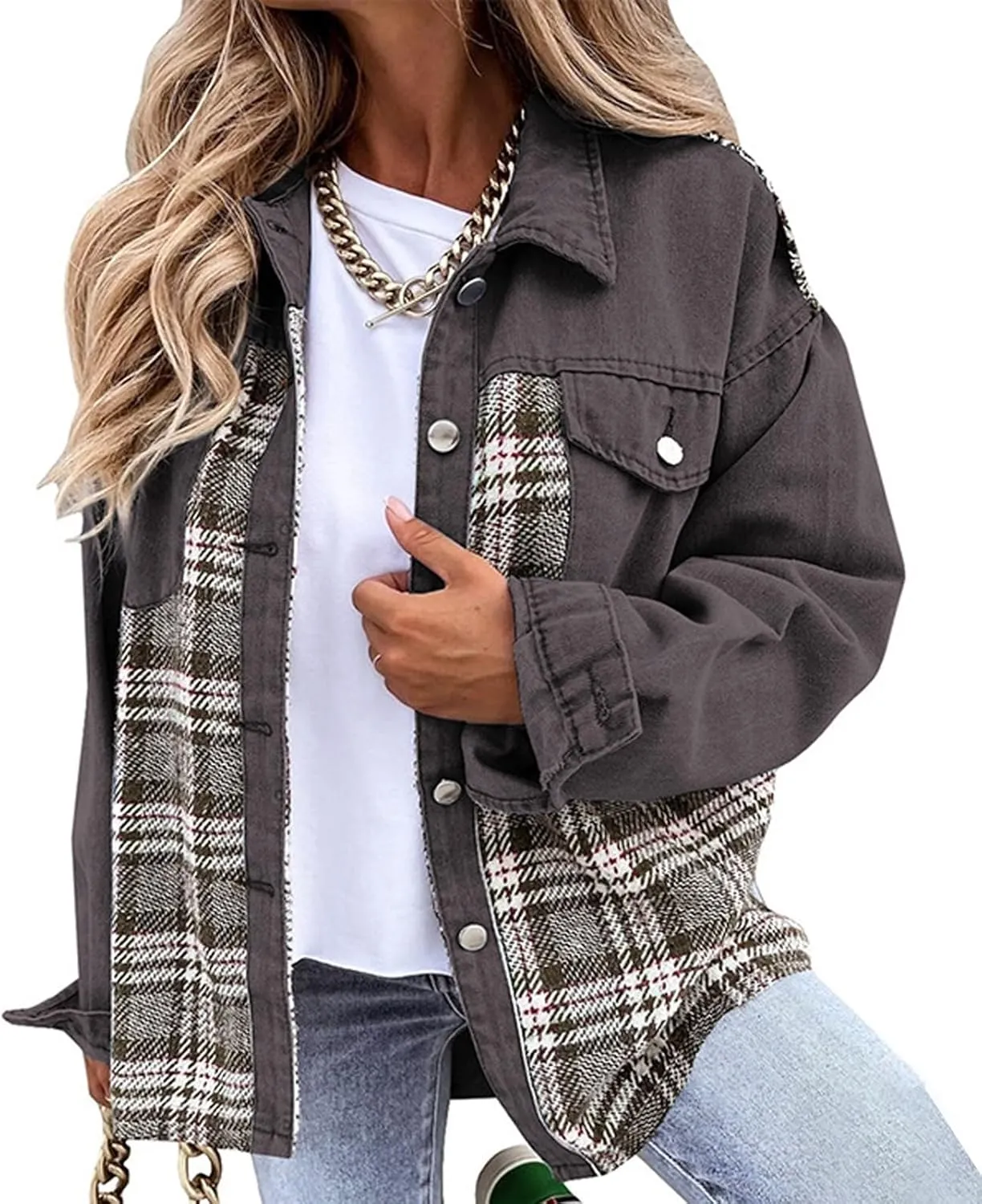Womens Denim Jacket Plus Size Long Sleeve Lapel Button Down Boyfriend Denim Washed Coat Trucker Denim Jacket