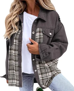 Womens Denim Jacket Plus Size Long Sleeve Lapel Button Down Boyfriend Denim Washed Coat Trucker Denim Jacket