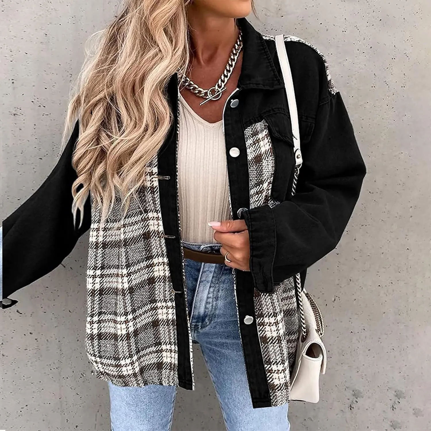 Womens Denim Jacket Plus Size Long Sleeve Lapel Button Down Boyfriend Denim Washed Coat Trucker Denim Jacket