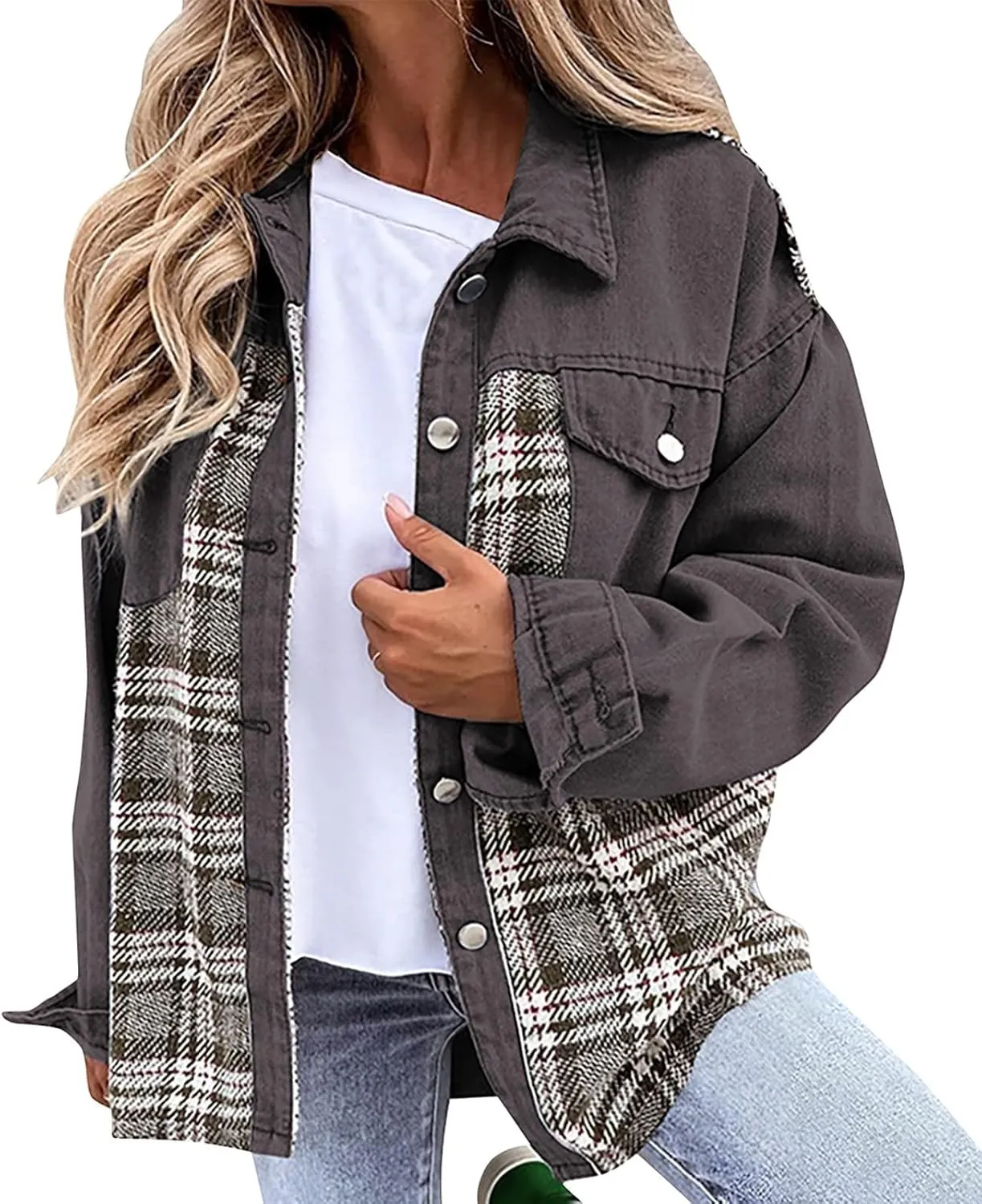 Womens Denim Jacket Plus Size Long Sleeve Lapel Button Down Boyfriend Denim Washed Coat Trucker Denim Jacket