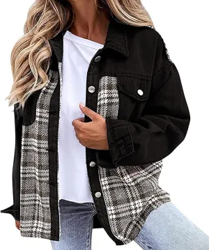 Womens Denim Jacket Plus Size Long Sleeve Lapel Button Down Boyfriend Denim Washed Coat Trucker Denim Jacket