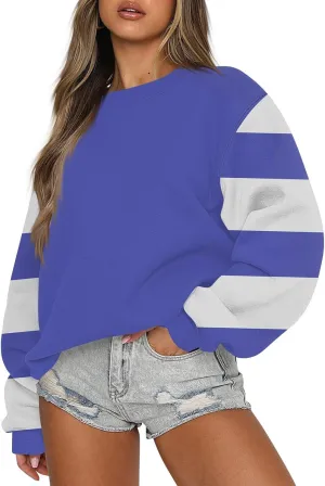 Womens Fall Sweatshirts Dressy Casual Crewneck Striped Color Block Pullover Lightweight Crop Sweatshirts Winter Tops