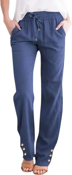 Women's Fashion 2024 Cotton Linen Sweatpants Winter Relax Fit Elastic Waist Straight Leg Solid Lounge Long Trousers
