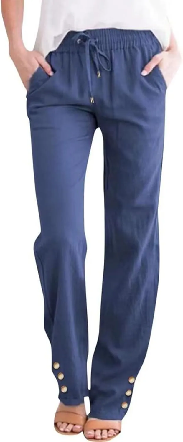 Women's Fashion 2024 Cotton Linen Sweatpants Winter Relax Fit Elastic Waist Straight Leg Solid Lounge Long Trousers