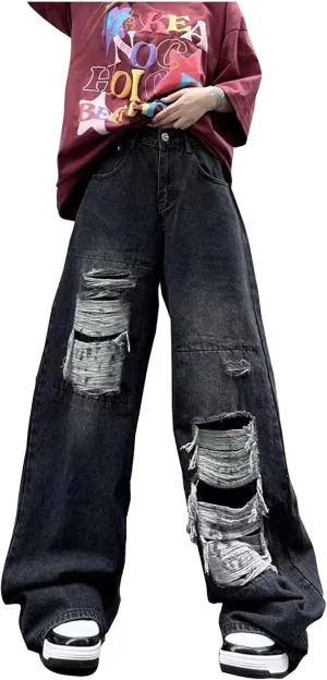 Women's Flare Jeans Irregular Strap Jeans Loose Wide Leg Pants Jeans, S-4XL