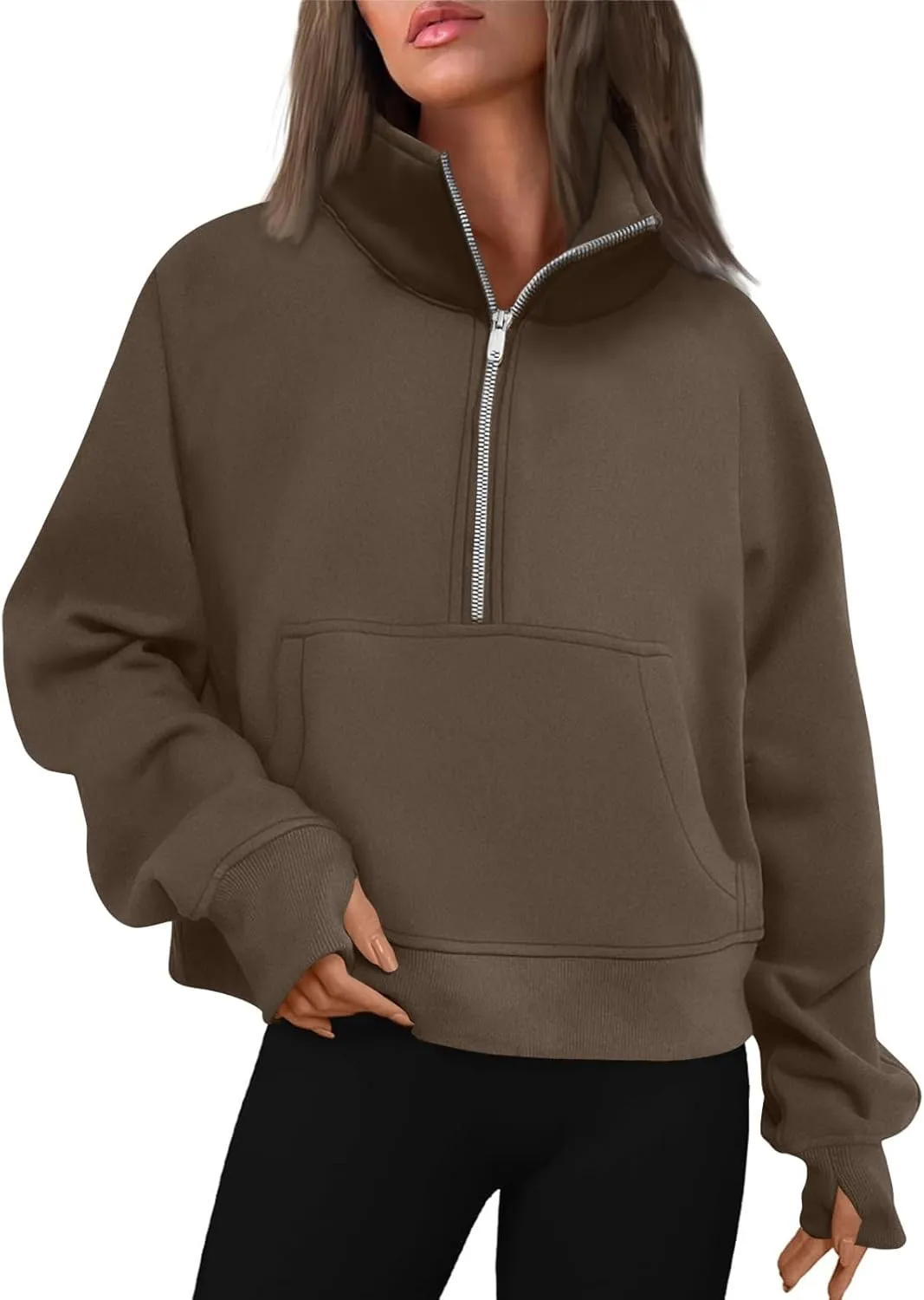 Womens Half Zip Pullover Cropped Oversized Sweatshirt Y2k Fleece Sweater Stand Collar Preppy Clothes with Thumb Holes