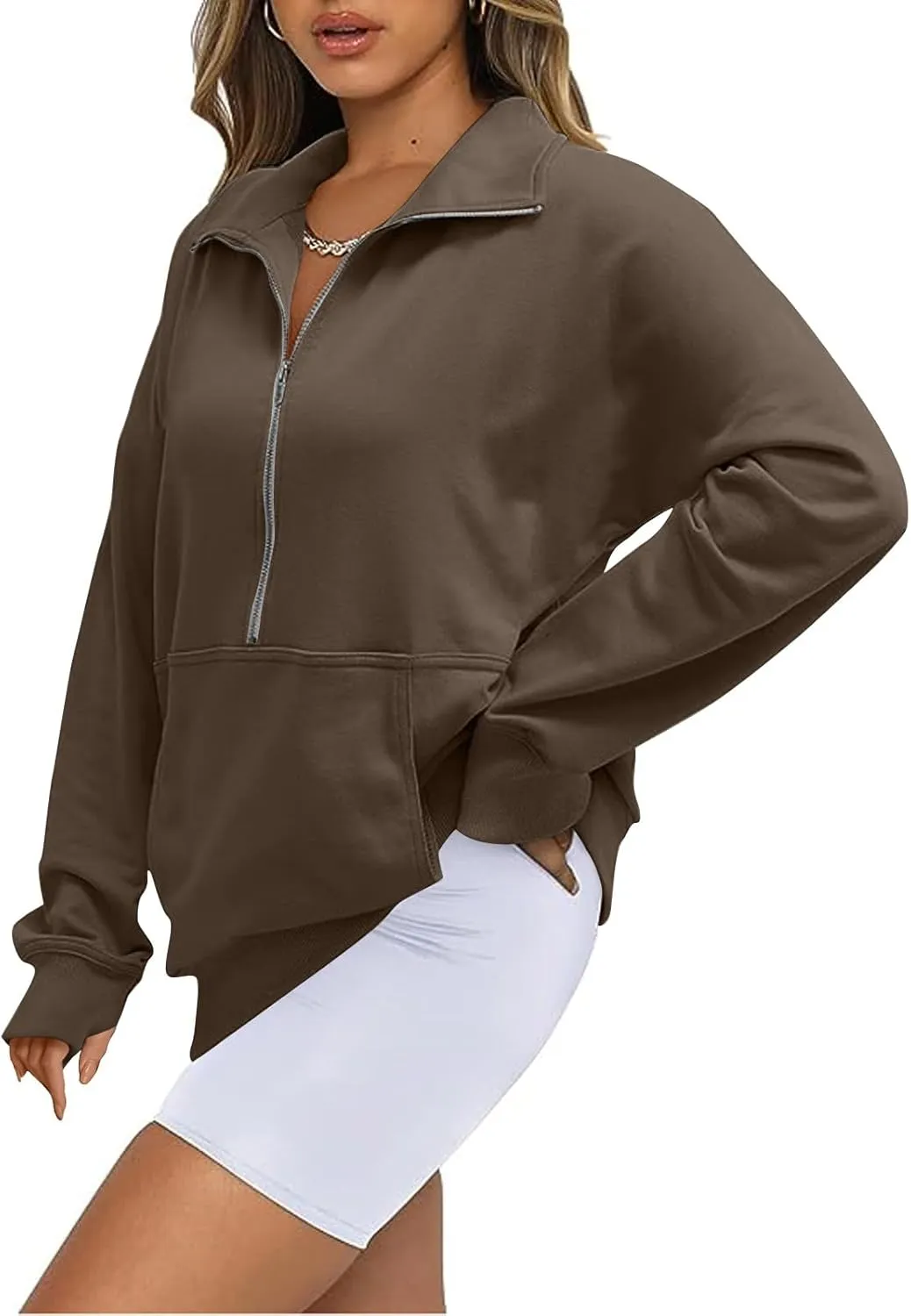 Womens Half Zip Pullover Cropped Oversized Sweatshirt Y2k Fleece Sweater Stand Collar Preppy Clothes with Thumb Holes