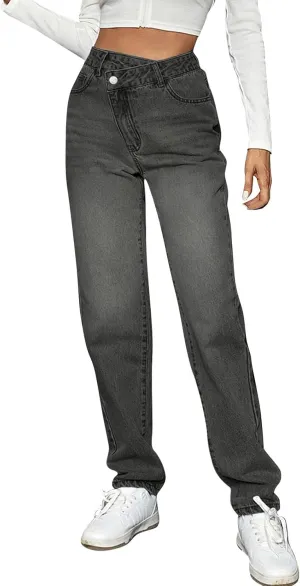 Women's High Waisted Jeans Boyfriend Straight Leg Casual Denim Pants Jeans Stretchy Leg Baggy Trendy Trousers