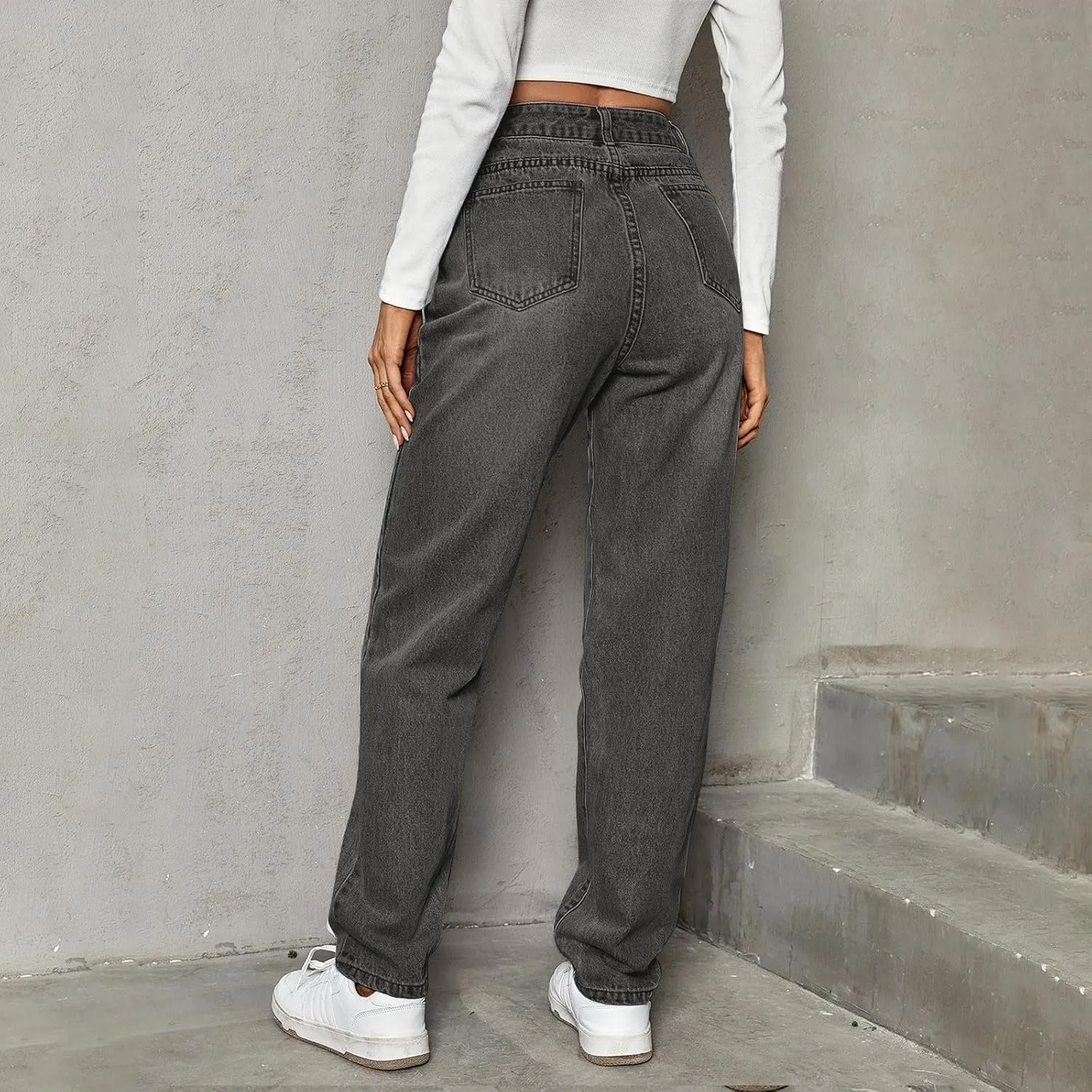 Women's High Waisted Jeans Boyfriend Straight Leg Casual Denim Pants Jeans Stretchy Leg Baggy Trendy Trousers